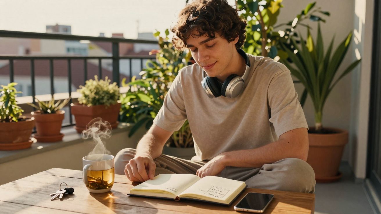 Jovem sentado no terraço a ler um livro, com chá quente, auscultadores e telemóvel na mesa.