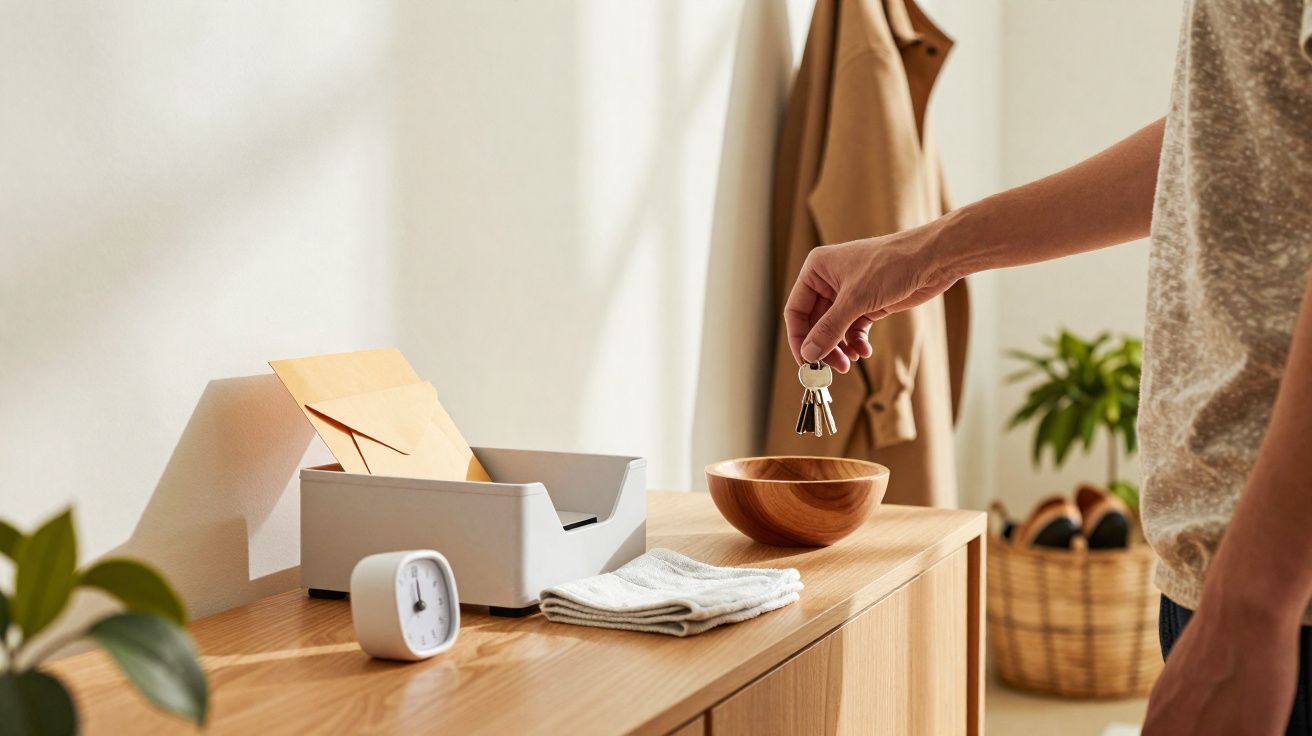 Pessoa a deixar chaves numa tigela de madeira sobre móvel com relógio, plantam e casaco pendurado ao fundo.