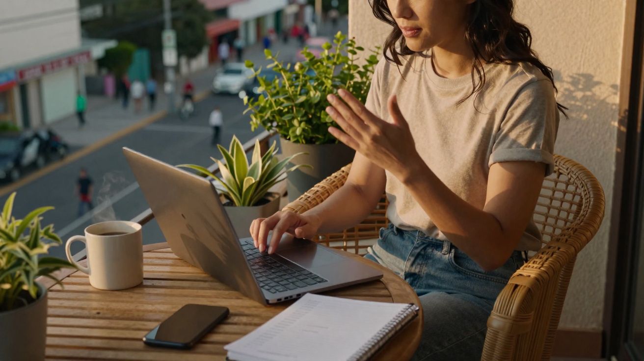 Mulher a trabalhar num computador portátil numa varanda com plantas, telefone e chávena numa mesa de madeira.