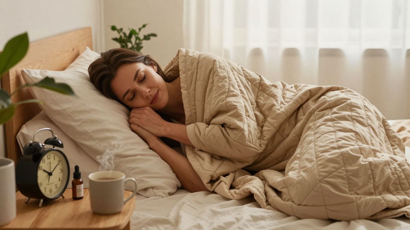 Mulher a dormir tranquila na cama com manta bege num quarto iluminado pela luz natural.