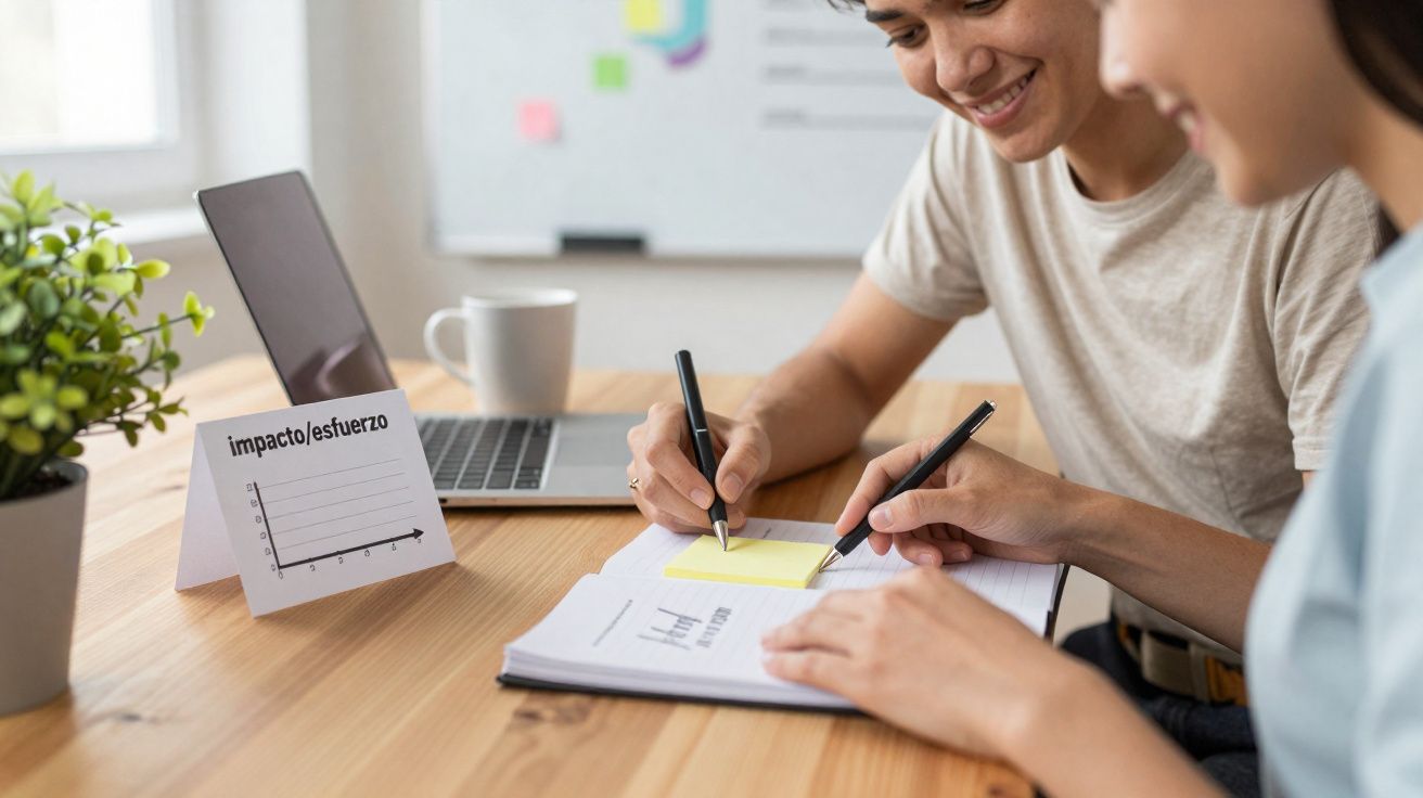 Duas pessoas colaboram escrevendo notas em post-it junto a um portátil e gráfico de impacto/esforço numa mesa de madeira.