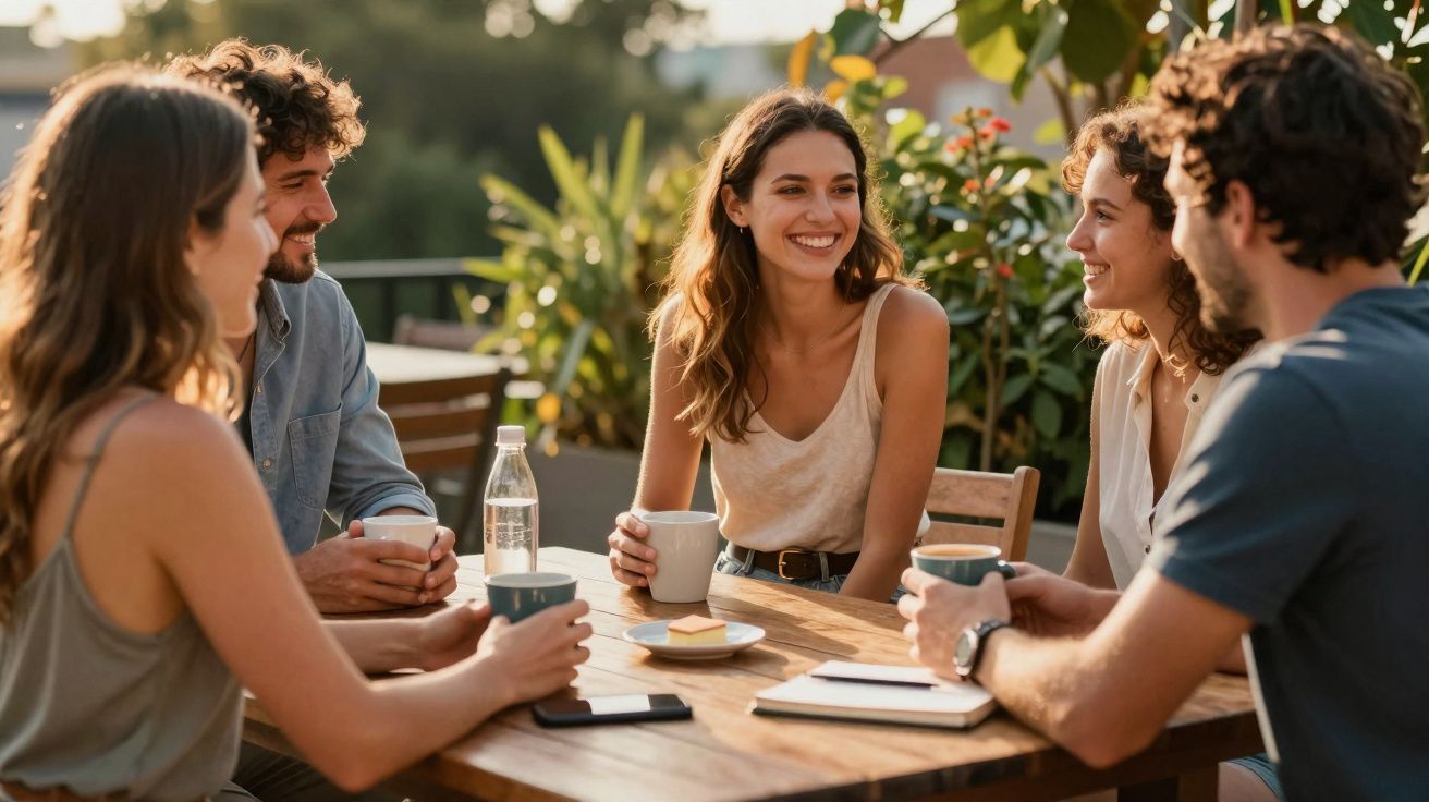 Cinco jovens sentados ao ar livre à volta de uma mesa de madeira, a conversar e beber café sorrindo.
