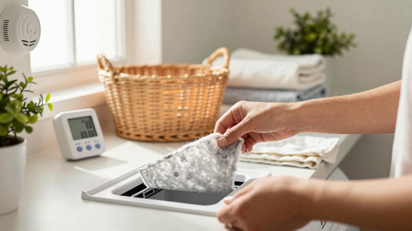 Mãos a colocar filtro de fibra num aspirador ou lava-roupa na lavanderia com cesta de roupa ao fundo.