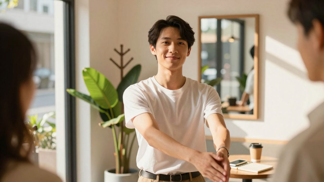 Jovem a sorrir com gesto de cumprimento de mãos numa sala iluminada com plantas e mobílias modernas.