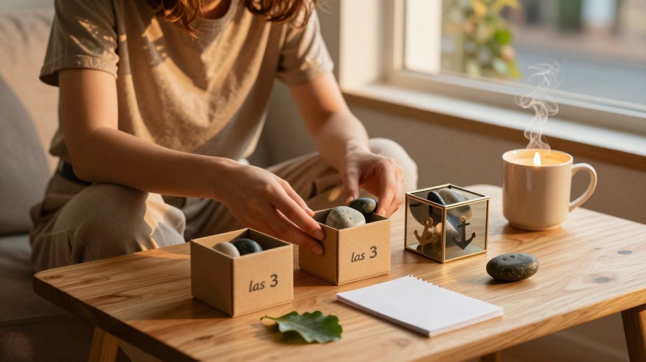 Pessoa sentada a arrumar pedras em caixas de papel com texto "las 3", junto a vela acesa num ambiente acolhedor.