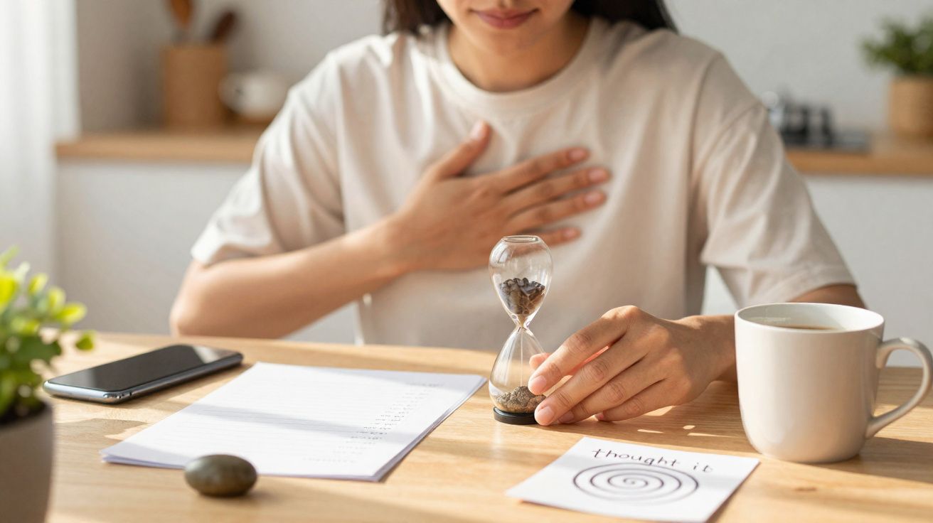 Pessoa sentada à mesa segurando ampulheta, com mão no peito, papel, chávena e telemóvel à sua frente.