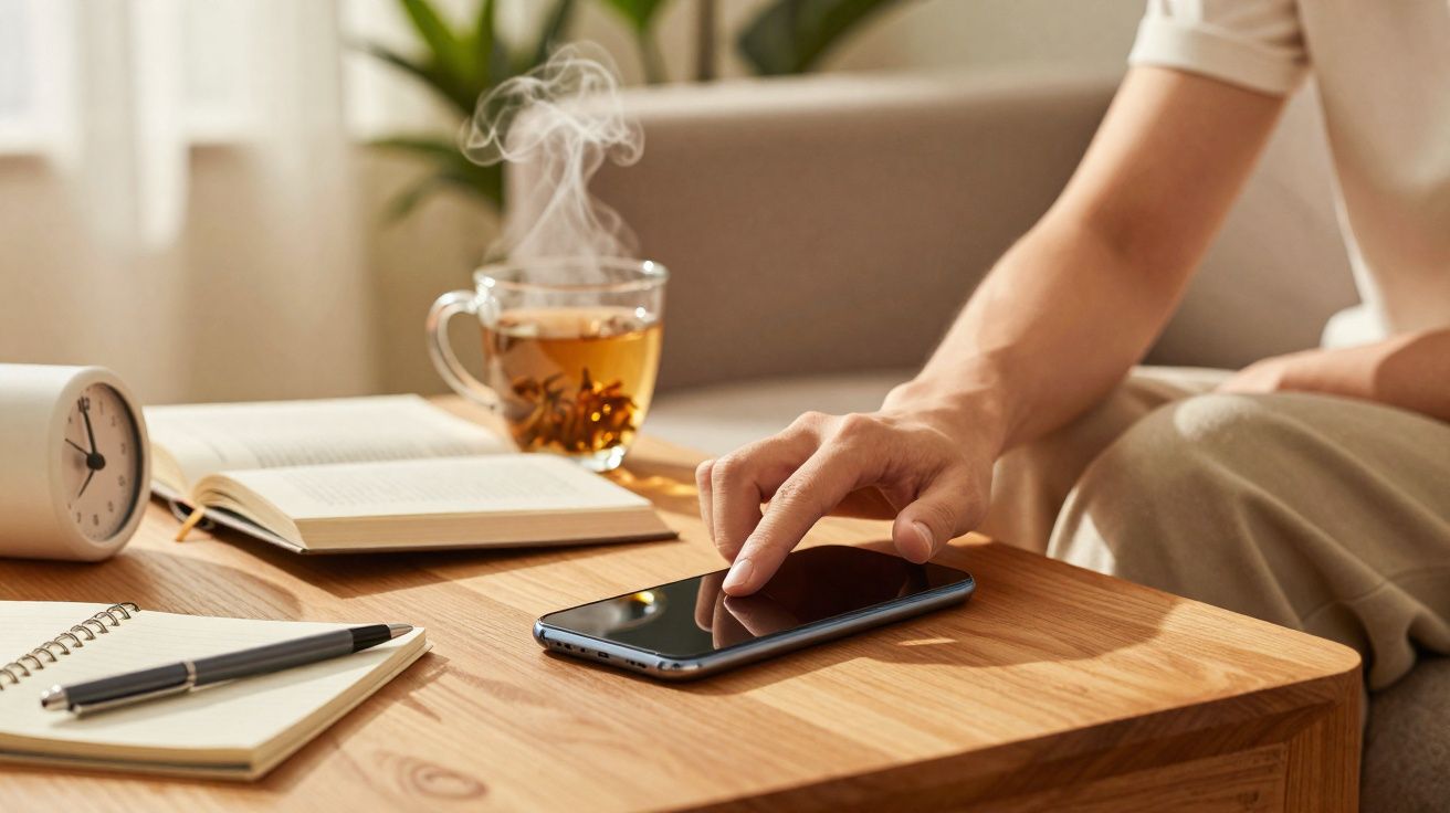 Pessoa a tocar num smartphone numa mesa de madeira com chá quente, livro aberto, caderno, caneta e relógio.