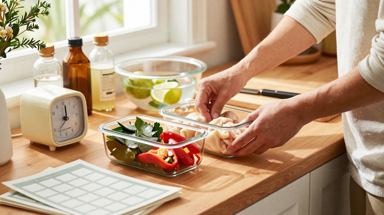 Pessoa a preparar ingredientes frescos numa bancada de cozinha iluminada por luz natural.
