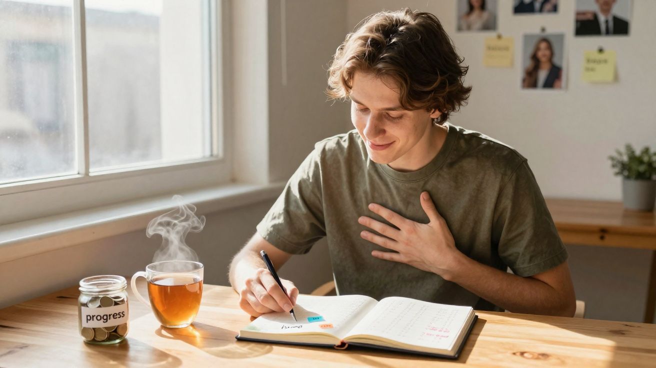 Jovem sentado a estudar, sorrindo, com chá quente e um frasco de moedas marcado como "progress" numa mesa de madeira.