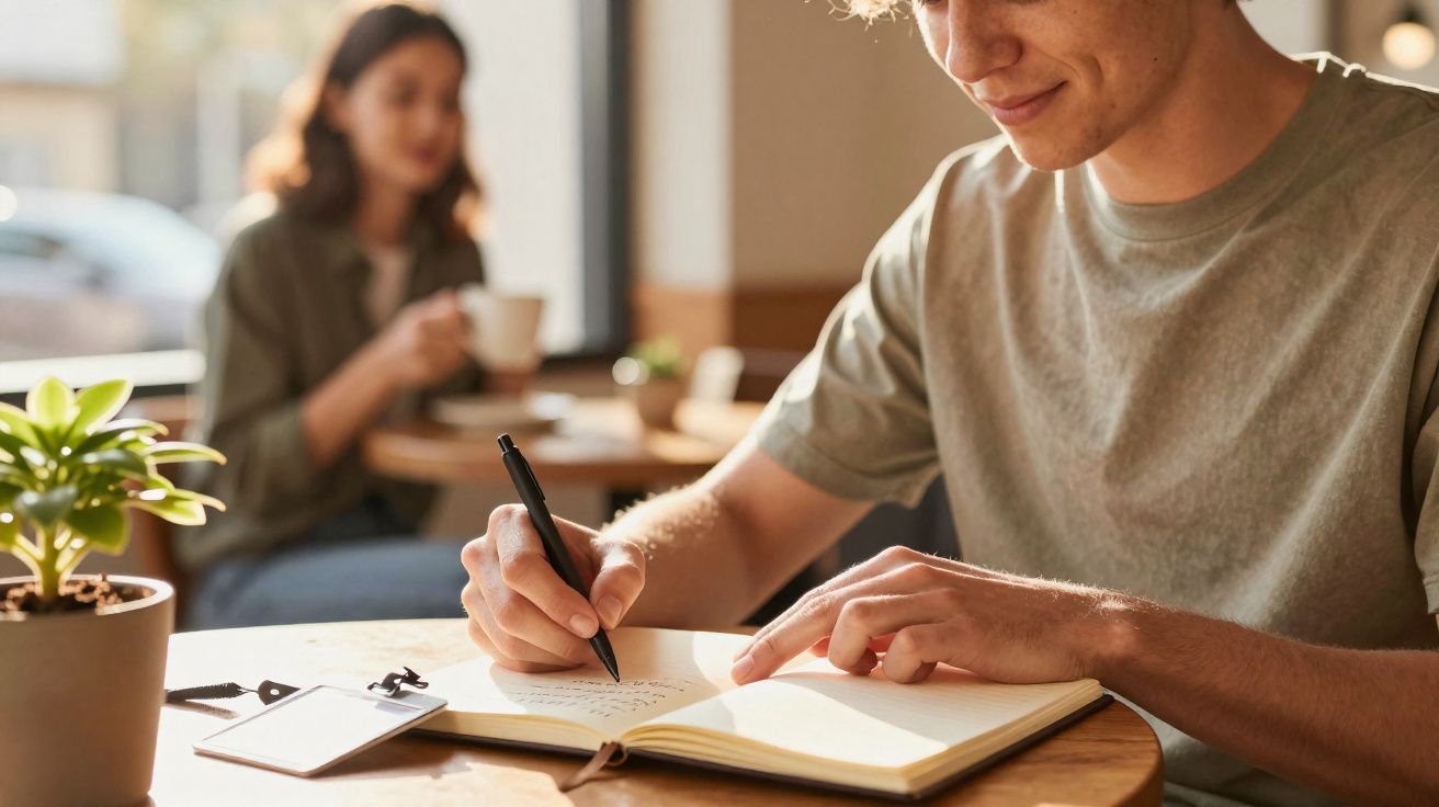 Jovem a escrever num caderno numa mesa de café, com pessoa ao fundo a beber uma chávena.