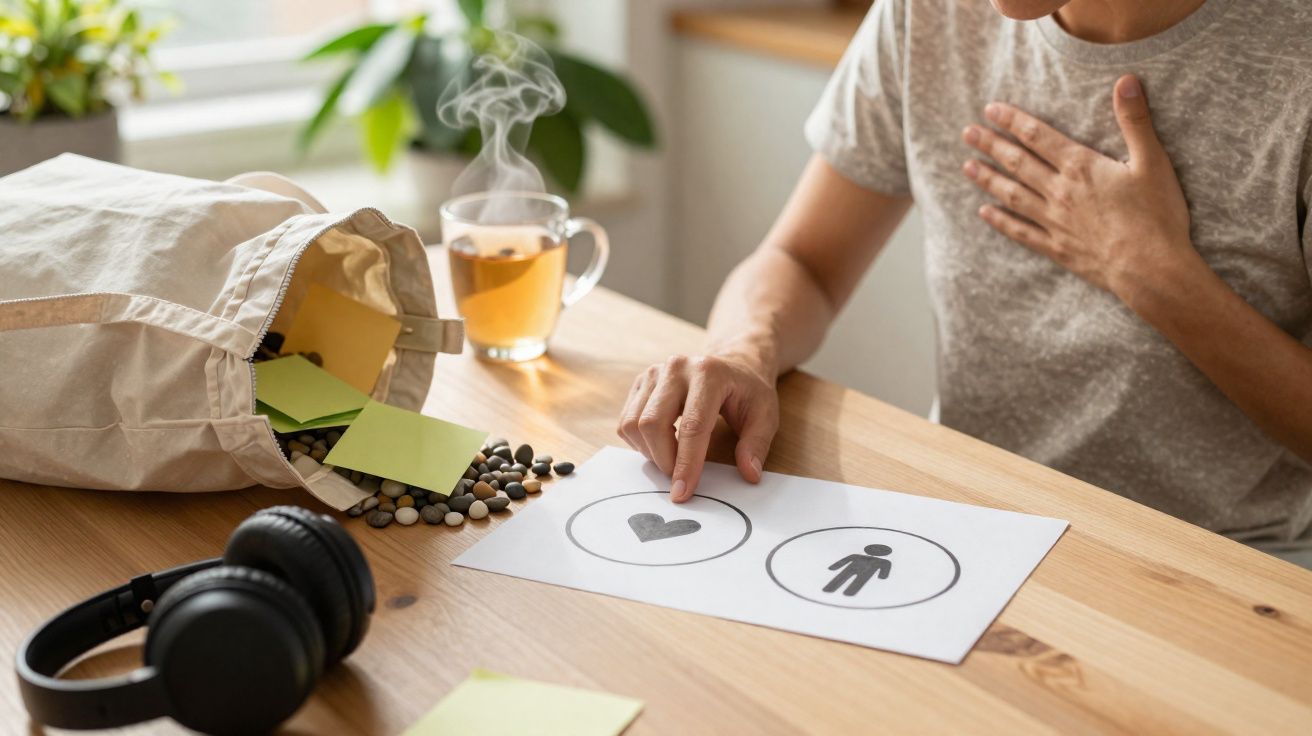 Pessoa a escolher entre símbolo de coração e figura humana num papel, com chá e pilhas de botões na mesa.