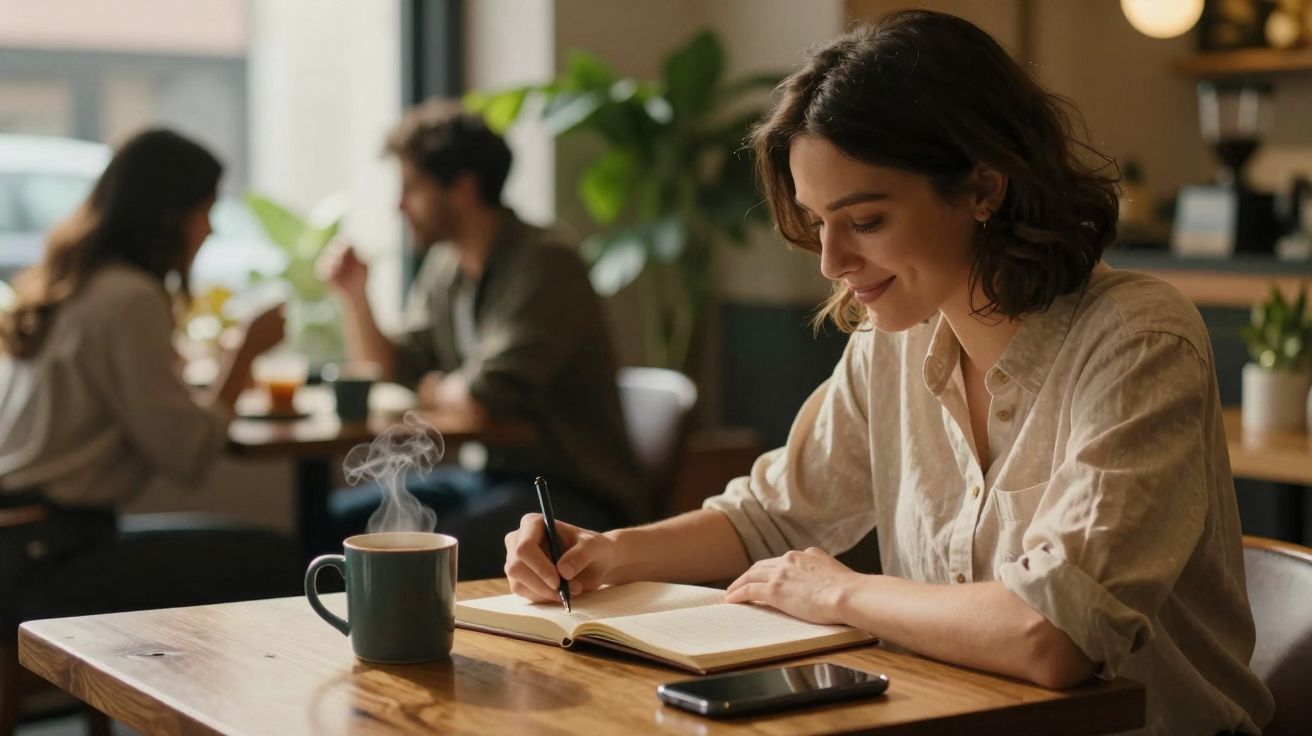 Mulher jovem sentada num café, a escrever num caderno, com chá quente e telemóvel na mesa.