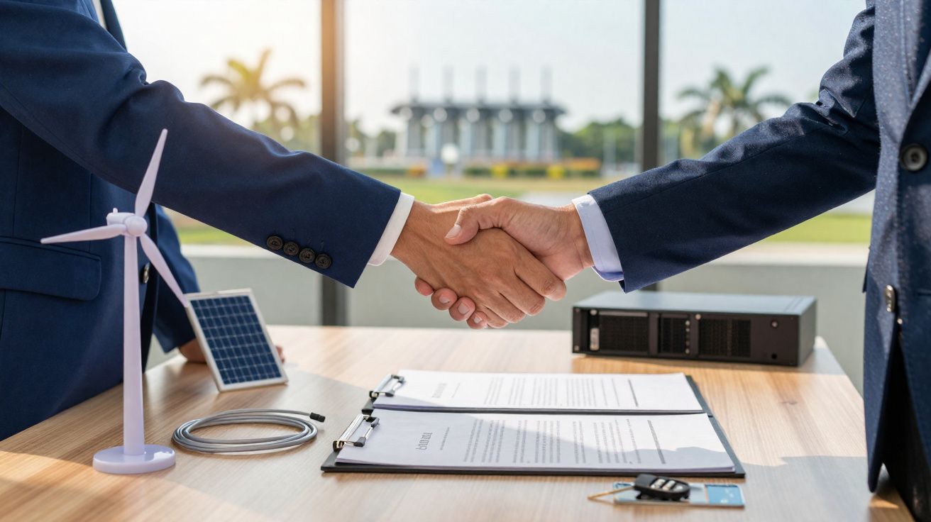 Duas pessoas de fato apertam as mãos sobre mesa com documentos, mini turbina e painel solar, simbolizando acordo sustentável.