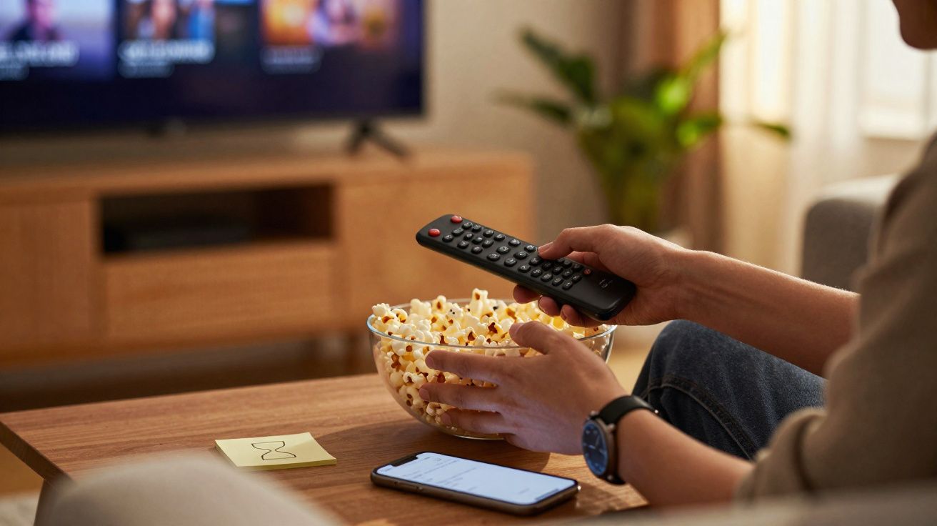 Pessoa segurando comando remoto e tigela com pipocas, com smartphone numa mesa à frente, em sala de estar.