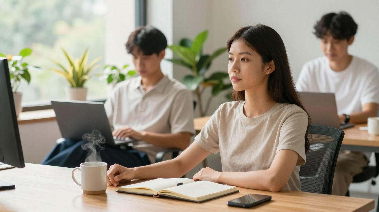 Jovem mulher sentada a uma secretária com caderno aberto, chá quente e pessoas ao fundo a trabalhar em computadores.