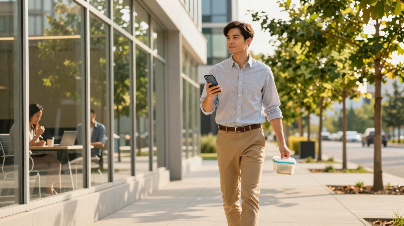 Homem jovem a caminhar na calçada com telemóvel e caixa de almoço numa manhã ensolarada urbana.