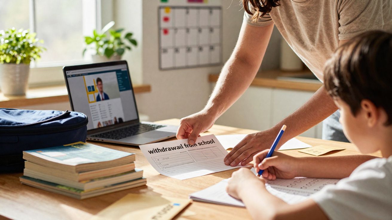 Adulto entrega formulário de saída escolar a criança que estuda e escreve, com laptop e livros numa mesa.