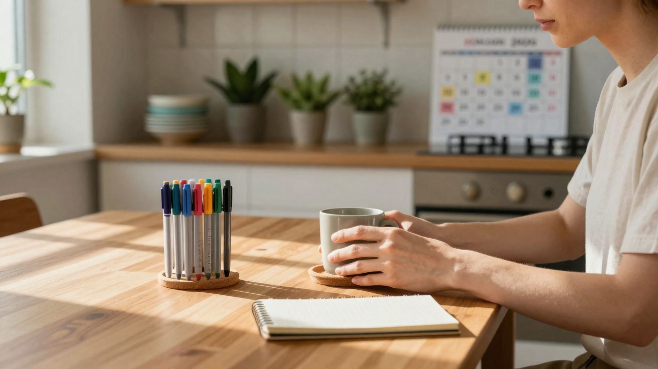 Pessoa sentada a segurar uma caneca num ambiente luminoso com canetas coloridas e caderno numa mesa de madeira.