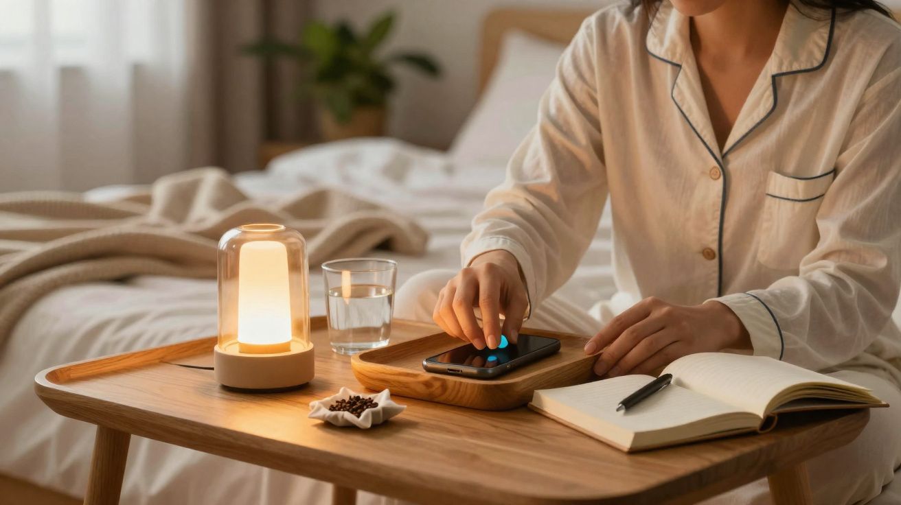 Pessoa em pijama a usar smartphone, com caderno, caneta, copo de água e candeeiro sobre uma mesa de madeira.