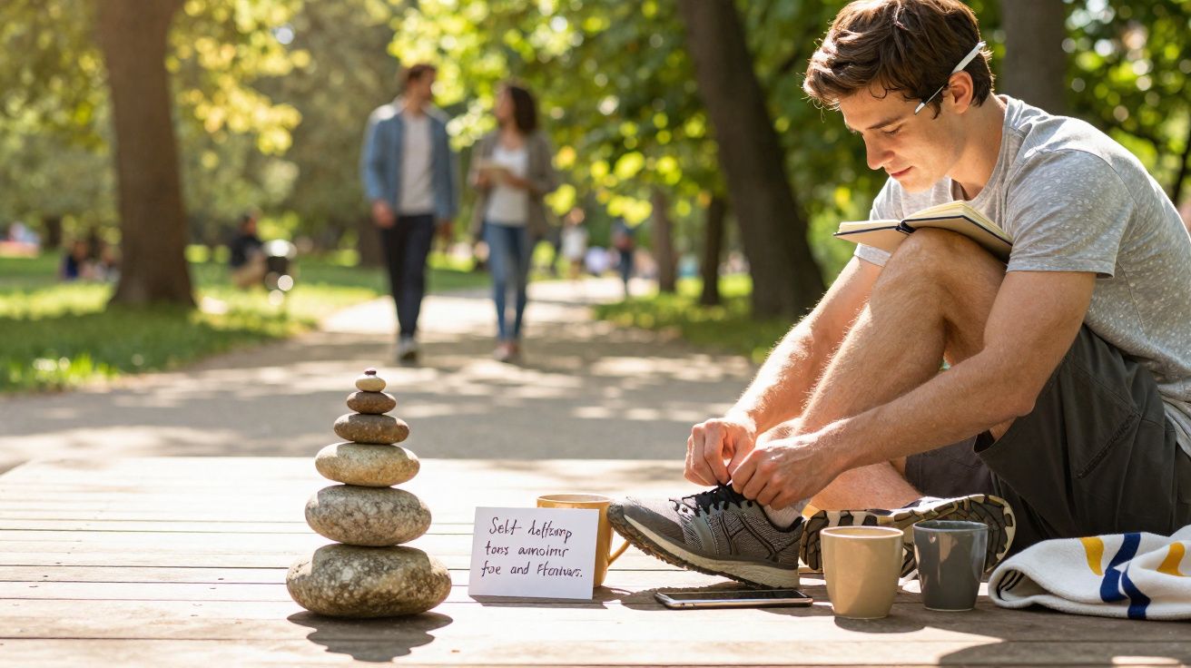 Jovem sentado no parque a amarrar os sapatos, com pedras empilhadas e copos ao lado num dia ensolarado.