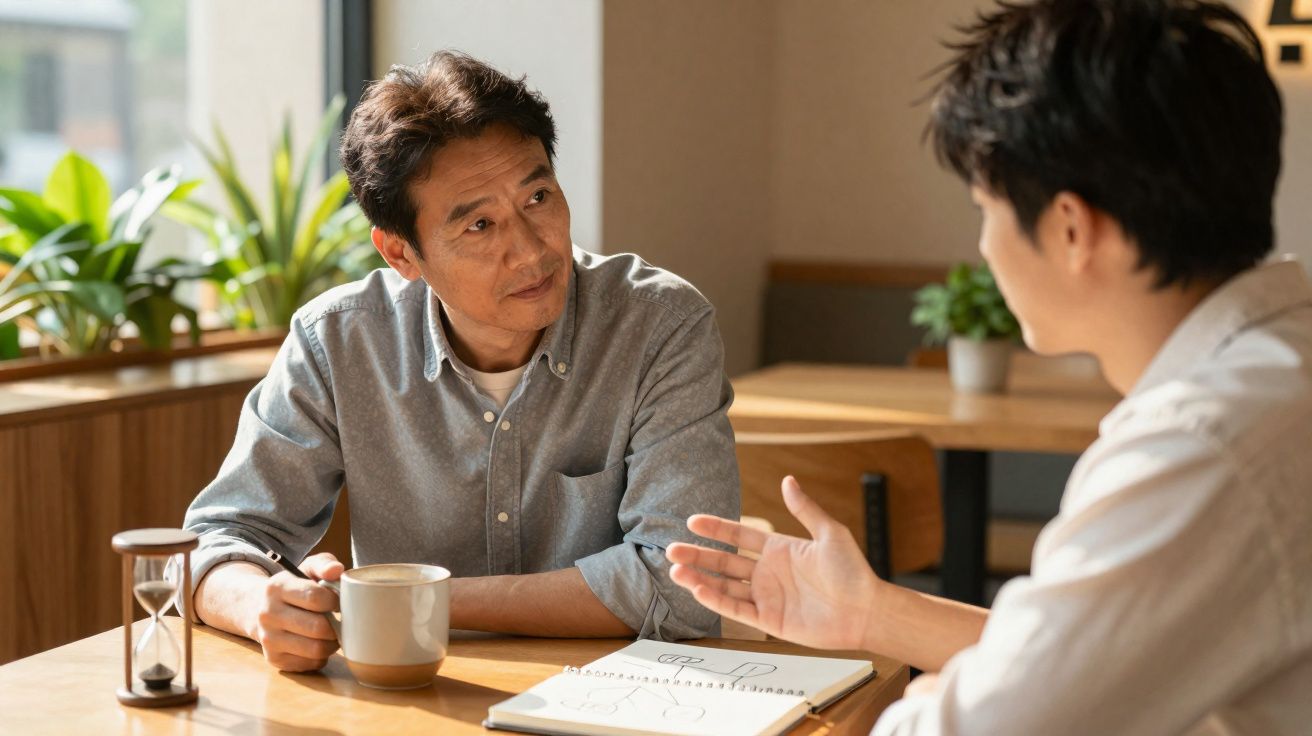 Dois homens conversam numa mesa com uma chávena, ampulheta e caderno aberto com gráficos.