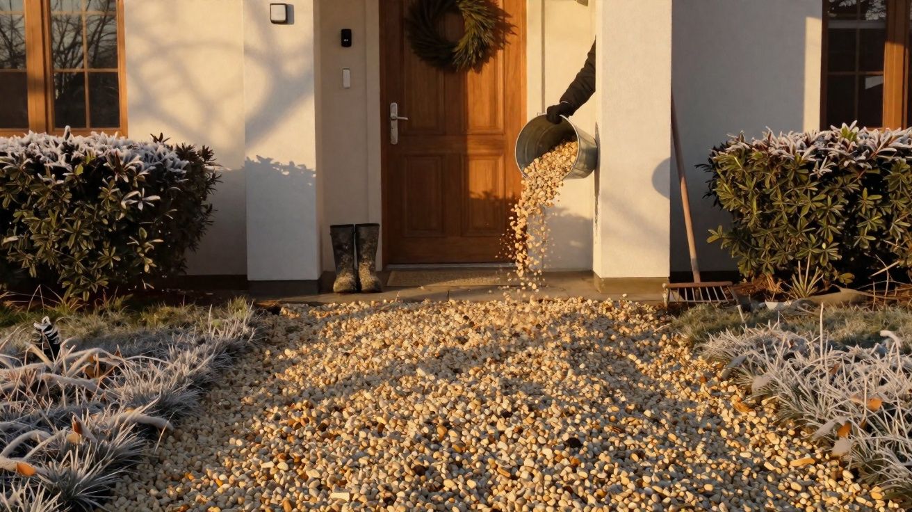 Mãos a derramar pedras por caminho de entrada de casa com porta de madeira e plantas cobertas de geada.