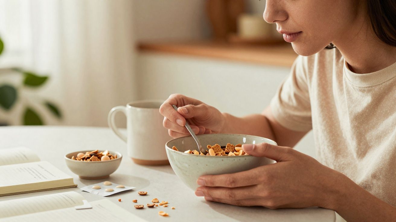 Pessoa a comer cereais com leite à mesa, com livros, comprimidos e chá ao lado.