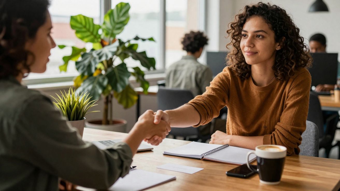 Duas mulheres cumprimentam-se com um aperto de mão numa mesa de trabalho com cadernos e café num escritório moderno.