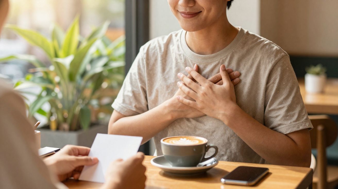 Pessoa sorridente com as mãos no peito sentada à mesa com café e telemóvel à frente num café.