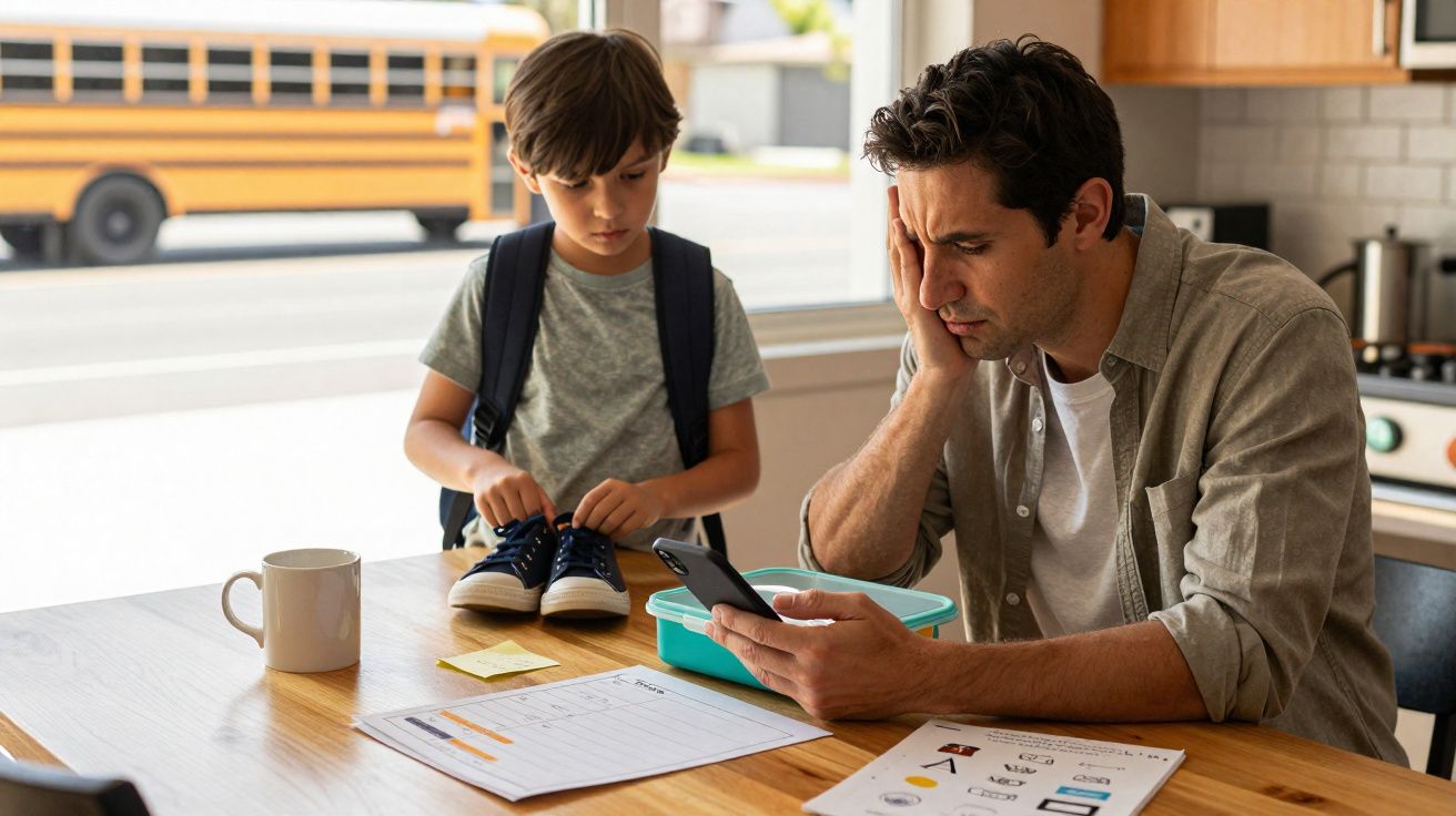 Homem preocupado a olhar para o telemóvel com criança arrumando sapatos numa cozinha, autocarro escolar visível.