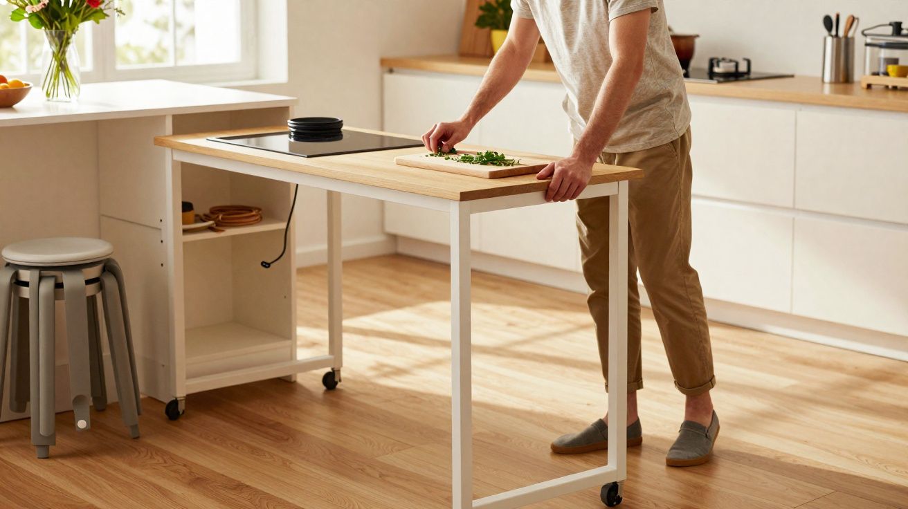 Pessoa a preparar ervas frescas numa cozinha moderna e luminosa com chão em madeira clara.