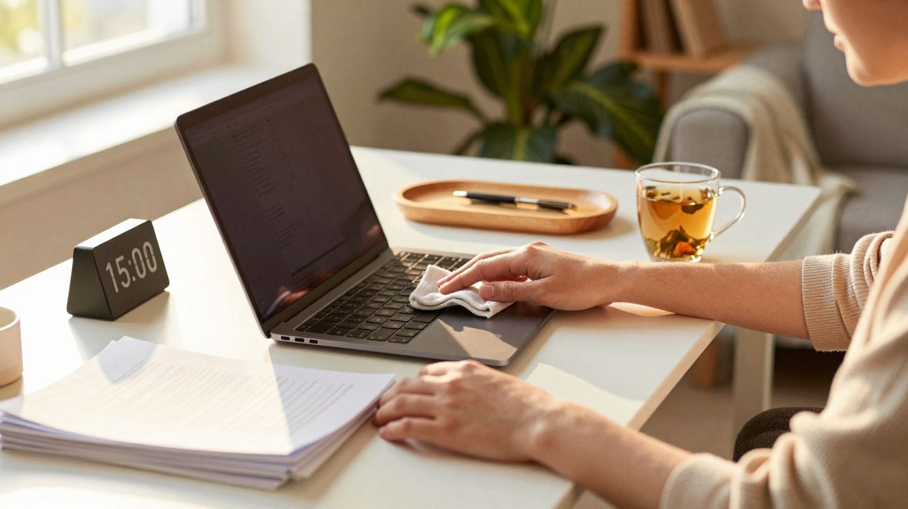 Pessoa a limpar teclado de portátil numa secretária com documentos, chá e relógio digital a indicar 15:00.