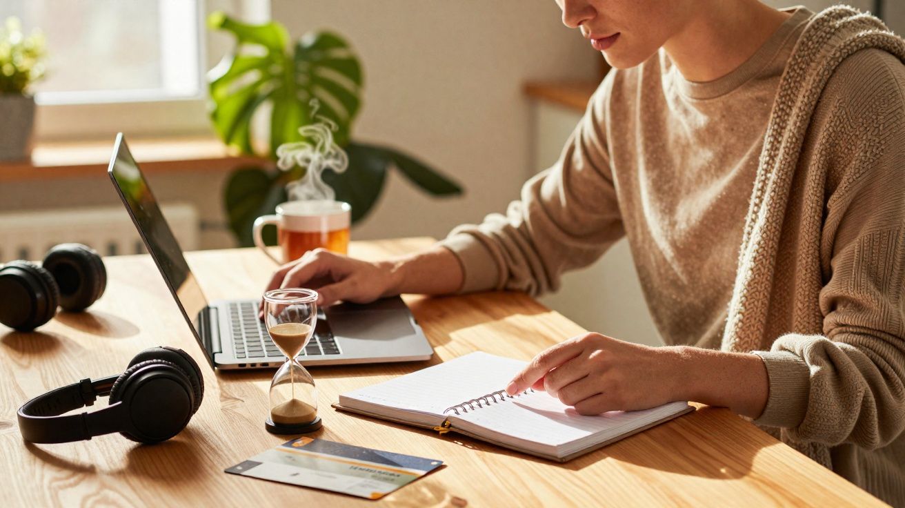 Pessoa a trabalhar num portátil com caderno, ampulheta, auscultadores e chá quente numa mesa de madeira.