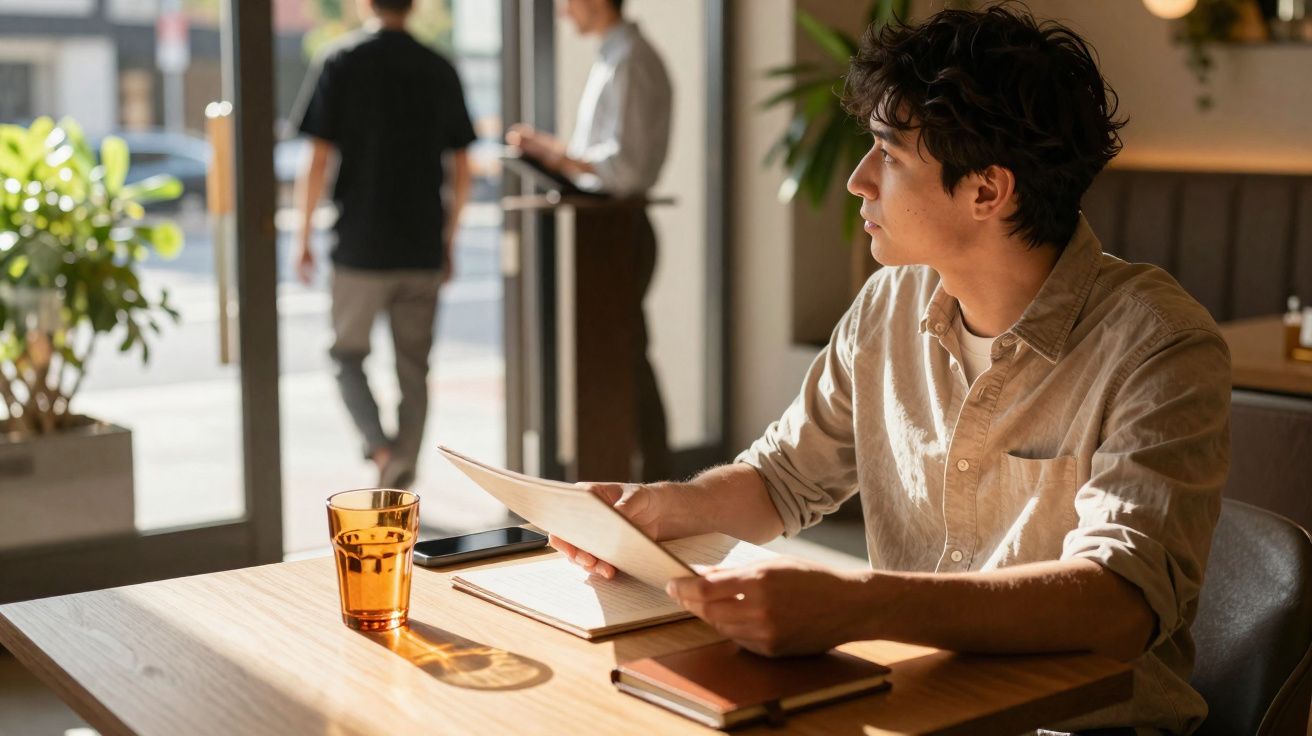 Homem sentado numa mesa de café a ler um papel, com copo e cadernos à sua frente, olhar distante.