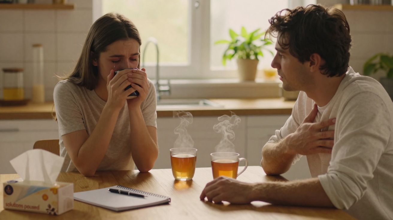 Jovem mulher chora enquanto bebe chá, homem conversa preocupado numa cozinha iluminada.