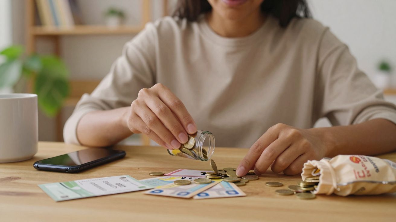 Pessoa a contar moedas e a organizar faturas sobre uma mesa de madeira com um telemóvel e uma chávena branca.