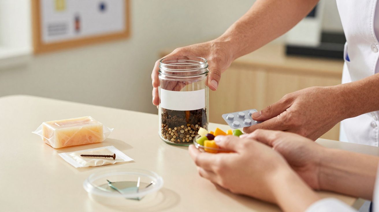 Mãos a mostrar frasco com especiarias, comprimidos, frutas e outros objetos sobre mesa clara, ambiente clínico.