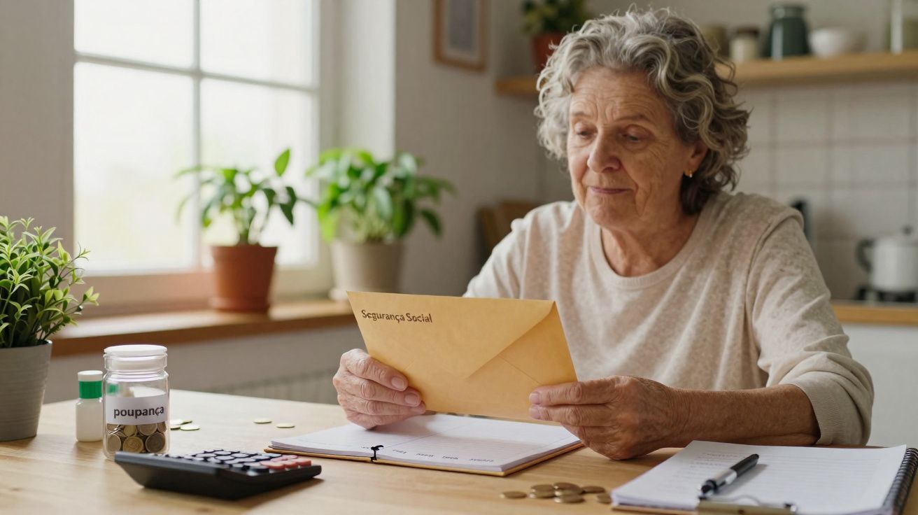 Idosa a ler carta da Segurança Social numa cozinha, com jarro de moedas e calculadora na mesa.