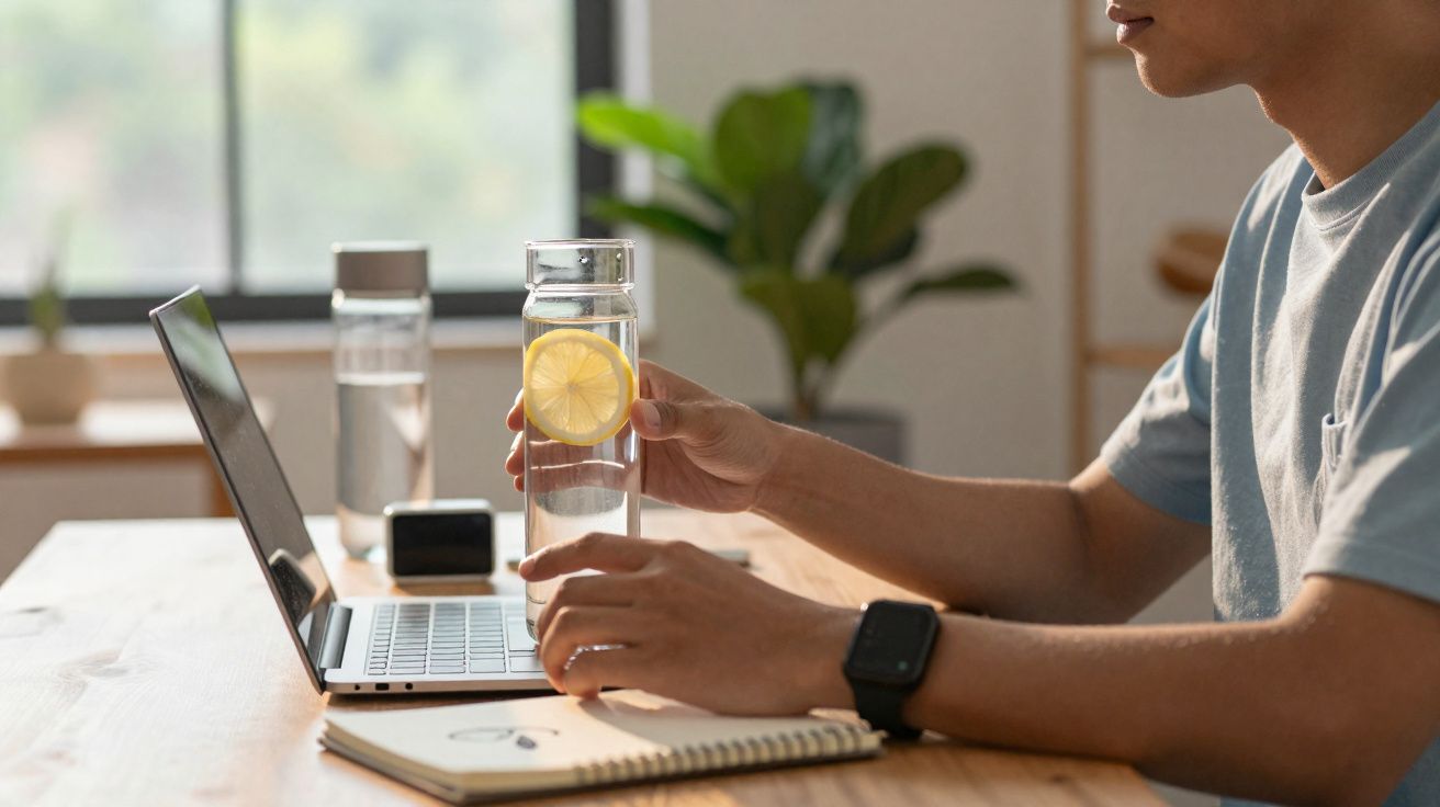 Pessoa sentada a usar computador portátil, segurando garrafa com água e fatia de limão, em ambiente iluminado.