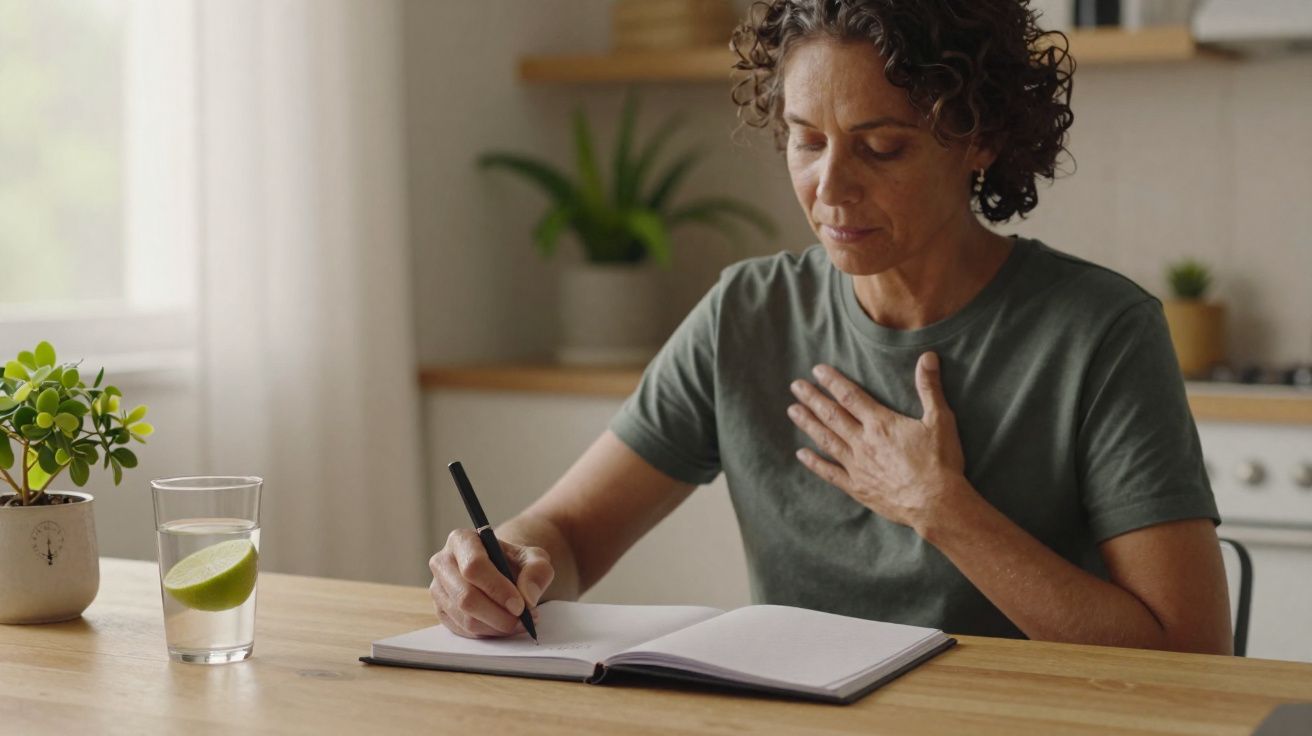 Mulher sentada à mesa com caderno aberto, escrevendo e com mão no peito num ambiente tranquilo e iluminado.