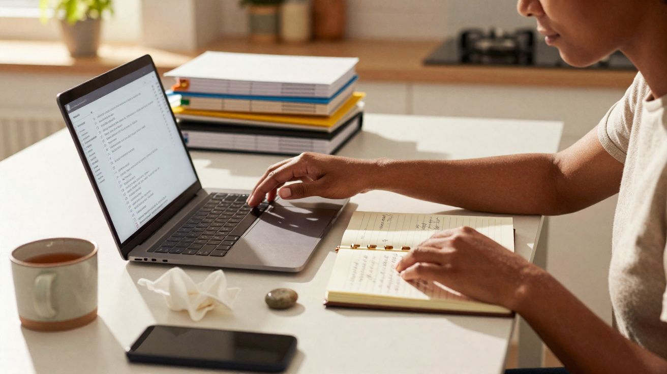 Pessoa a trabalhar num portátil e a consultar apontamentos numa agenda numa mesa com chá e telemóvel.