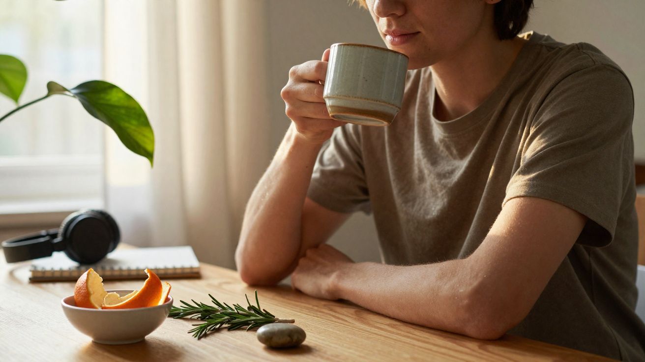 Pessoa a beber numa chávena, sentada à mesa com casca de laranja, ramo de alecrim e auscultadores.