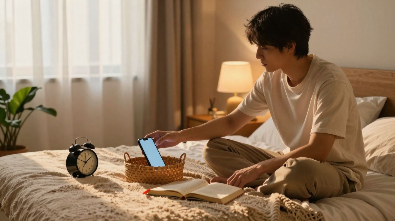 Jovem sentado na cama a pegar num telemóvel numa cesta, com livro aberto e despertador ao lado.