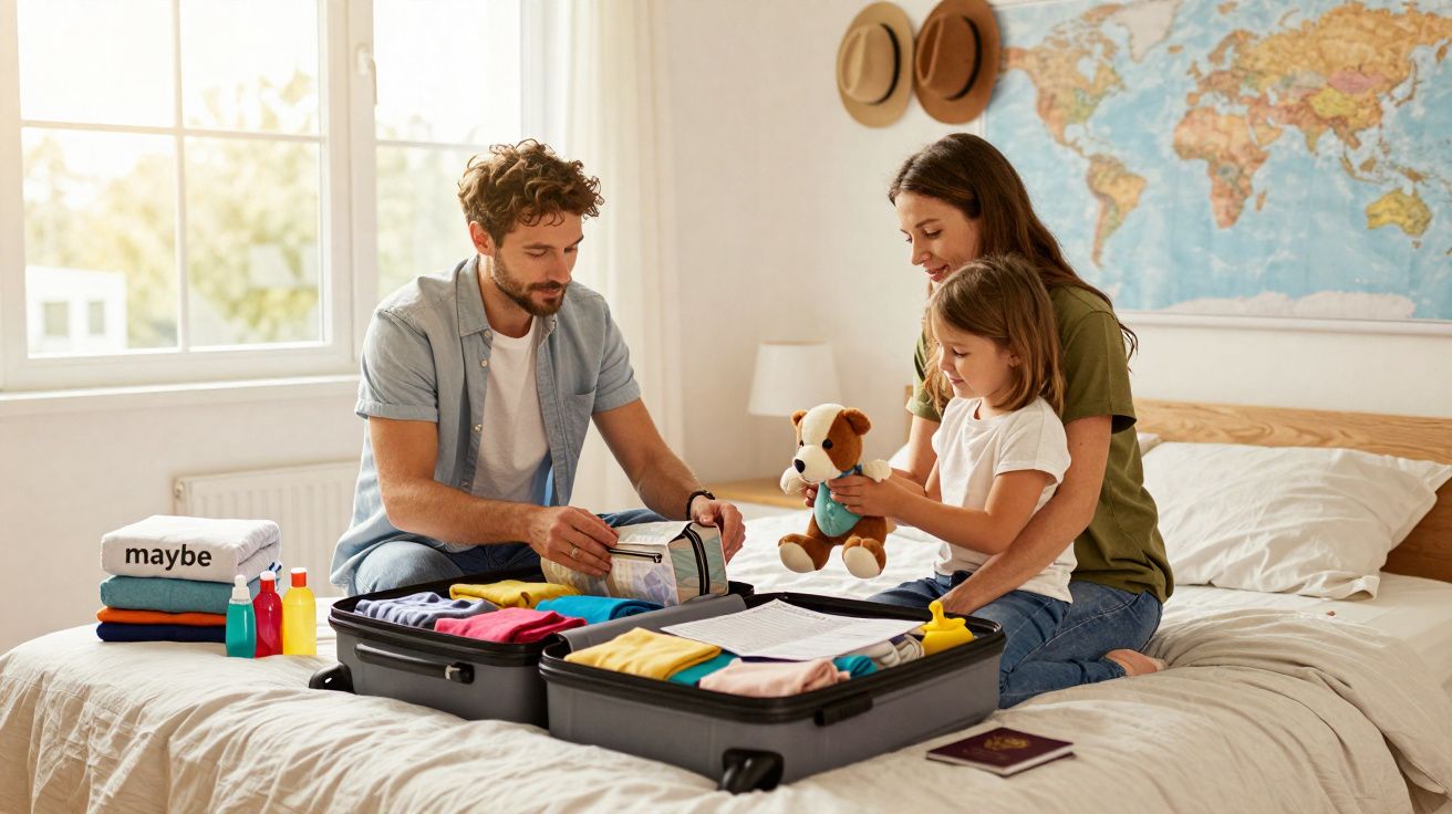 Família a fazer as malas na cama, com mala aberta cheia de roupa, ursinho e mapa-múndi na parede.