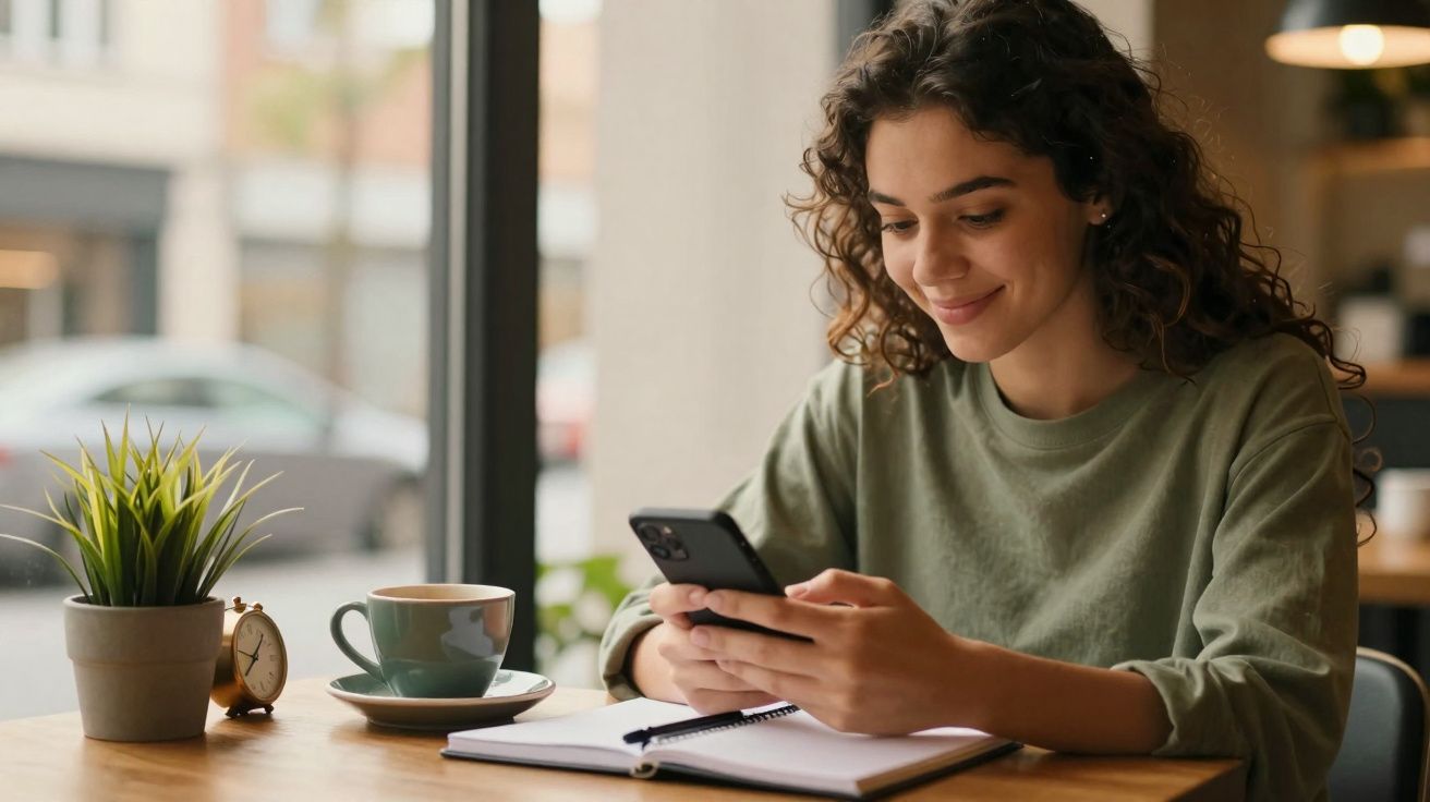 Jovem sorridente com camisola verde a usar telemóvel sentada numa mesa com caderno, chávena e planta.