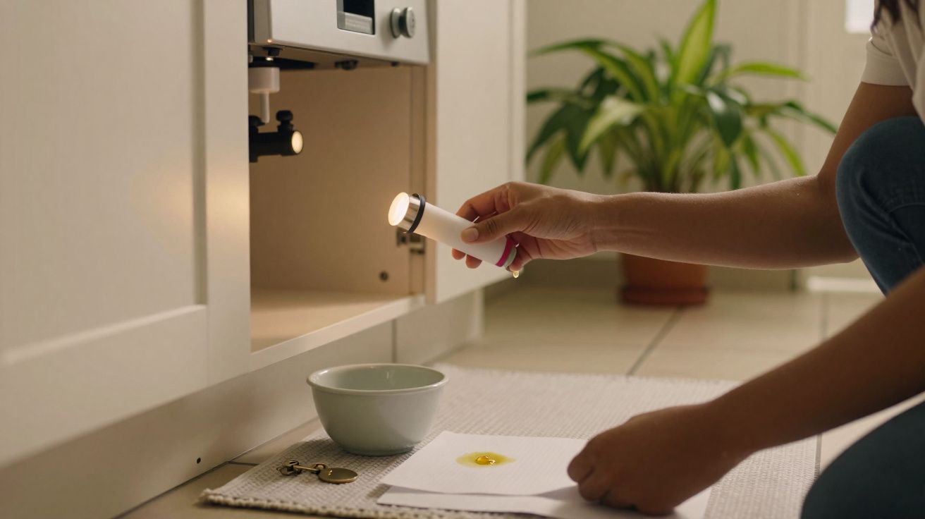 Pessoa a usar lanterna para inspeção de cano de água de armário na cozinha, com tigela e chaves no chão.