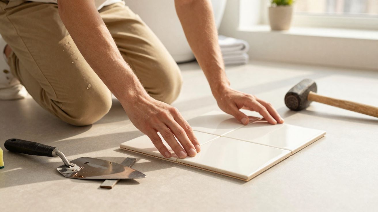 Pessoa a instalar azulejos brancos no chão com ferramentas de colocação ao redor.