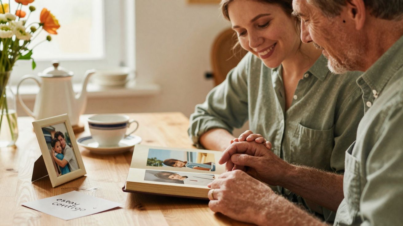 Homem e mulher a sorrir ao ver álbum de fotos numa mesa com flores e uma caneca.