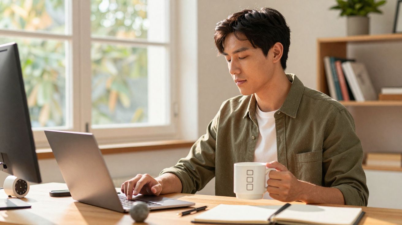 Homem a trabalhar num computador portátil enquanto segura uma caneca branca numa mesa organizada.