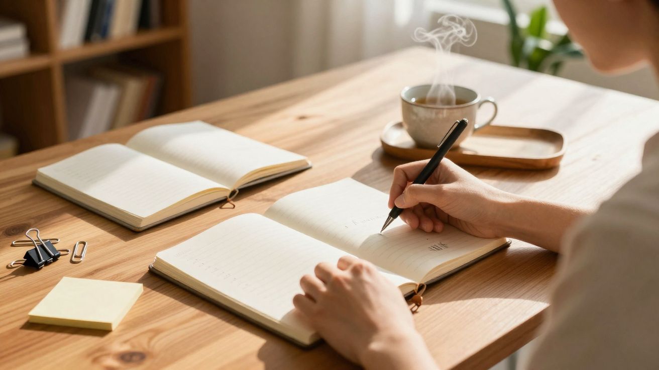 Pessoa a escrever num caderno aberto numa mesa de madeira com chá quente a fumegar ao fundo.